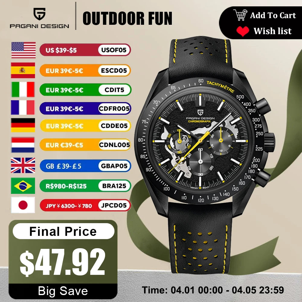 PAGANI DESIGN 1701 Moon Mens Quartz Watches Men Luxury Watch For Men Chronograph AR Sapphire Mirror Waterproof Reloj Hombre 2025