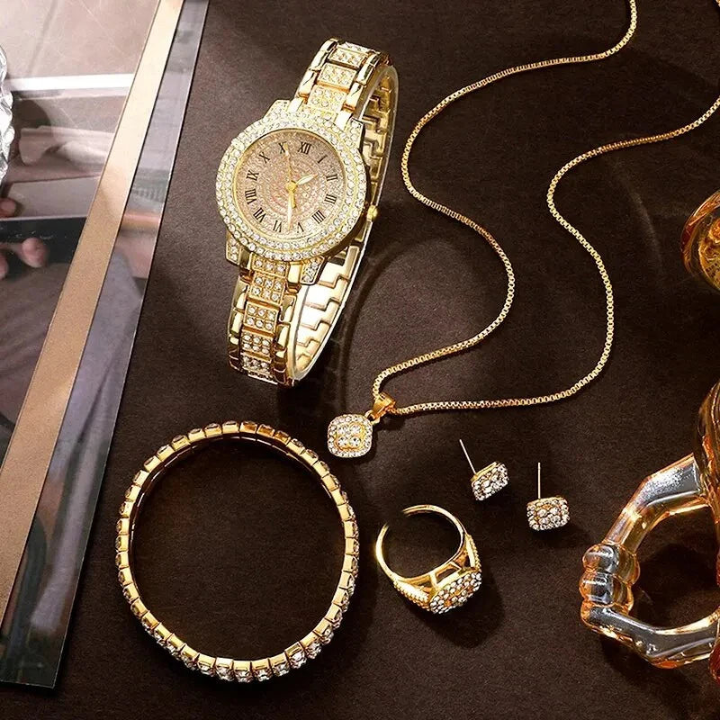 6 Pack Women's Watches Luxury Elegant Alloy Watches Women Crystal Watch Gift Quartz Watch Alloy Rhinestone Bracelet Montre